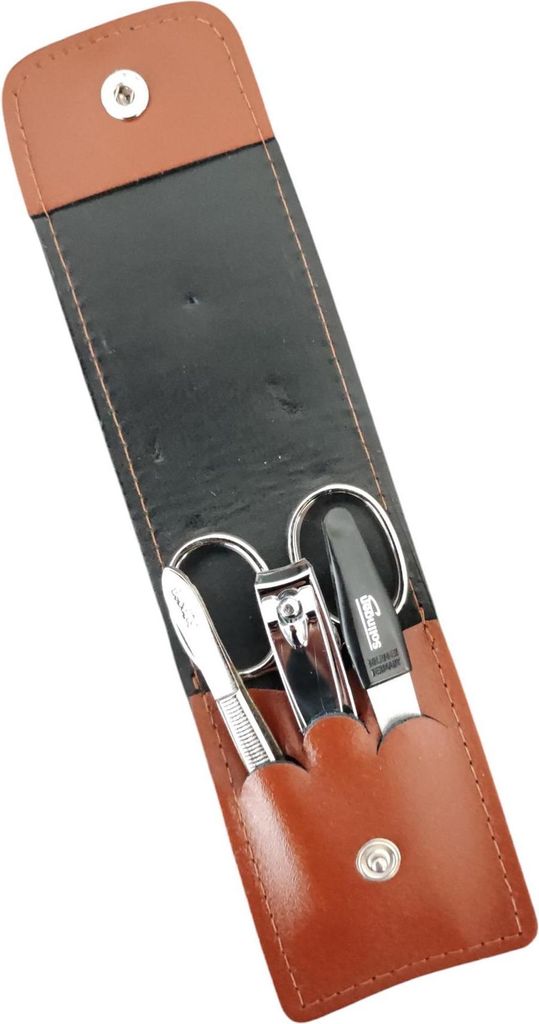 4-teiliges Solingen* Maniküre Set mit echt Leder Etui, Nagelschere, Feile, Pinzette Braun