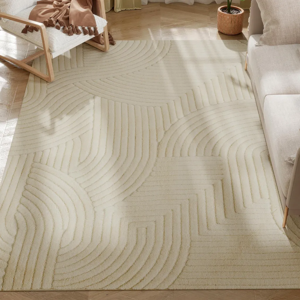 Tapis géométrique crème antidérapant et moelleux 230x160 cm de luxe