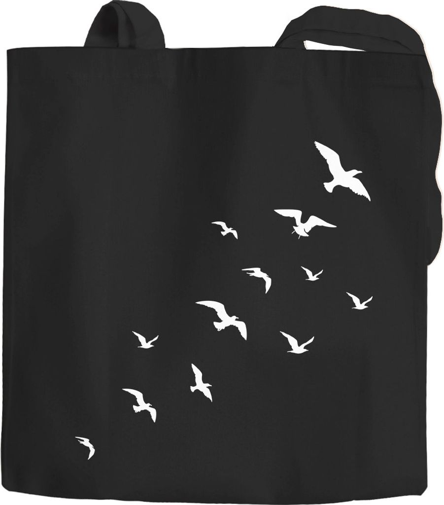 Jutebeutel lange Henkel Vögel Birds Fly Baumwolltasche Stoffbeutel Tragetasche Baumwolle Autiga schwarz 2 lange Henkel