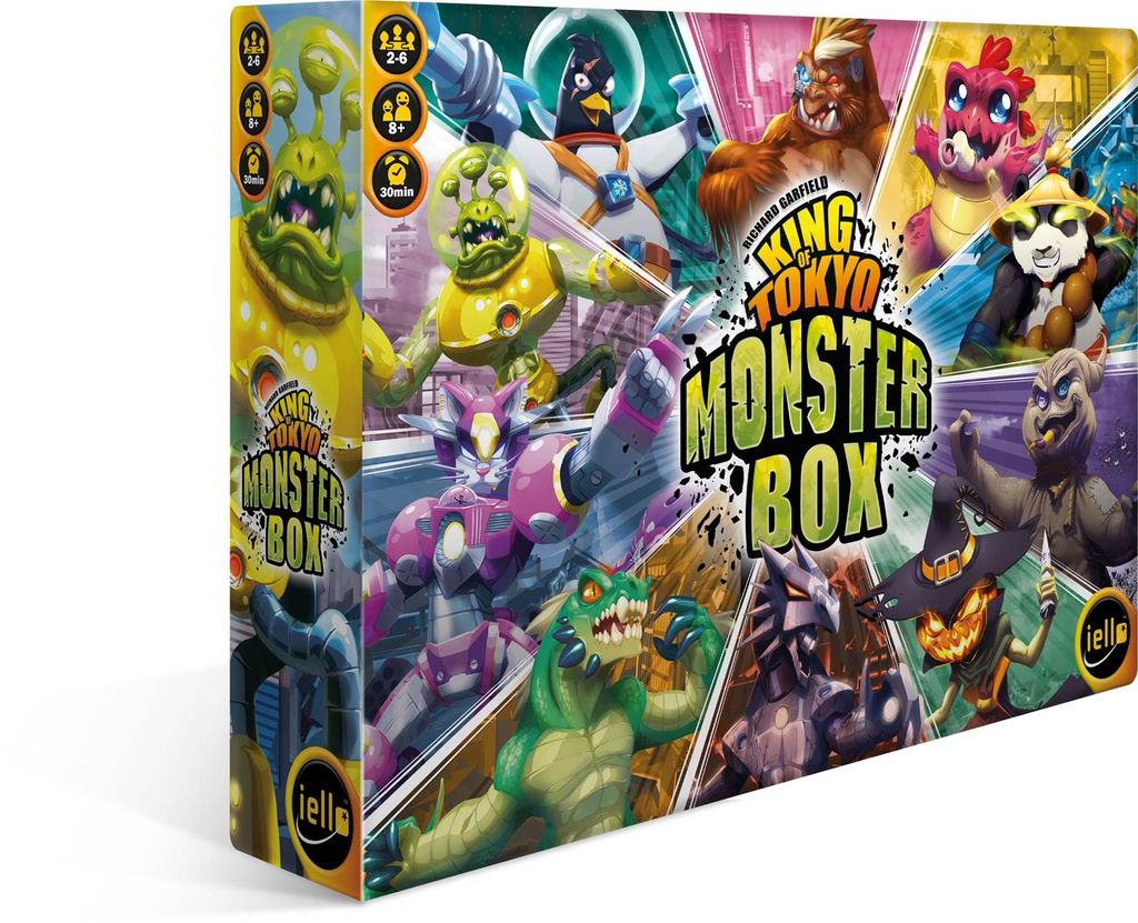 The image shows the front and side of a board game box, featuring various monster illustrations and game title.