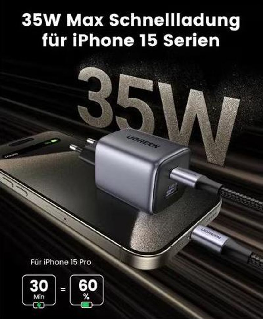 Ugreen Netzladegerät, Nexode "CD350" Quick Charge 35W GaN, 1 x USB, 1 x USB Tpe-C, grau