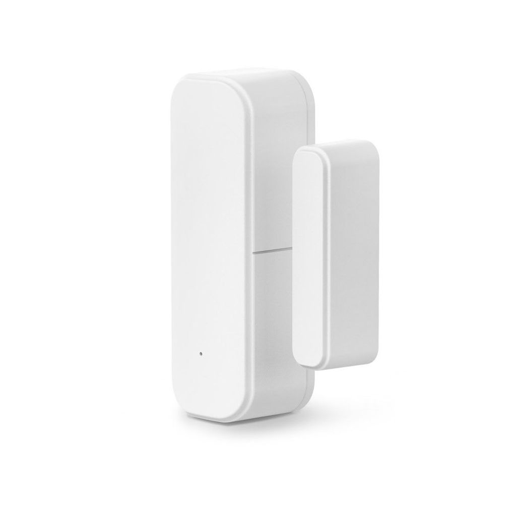 A white smart home window and door sensor is shown against a white background.