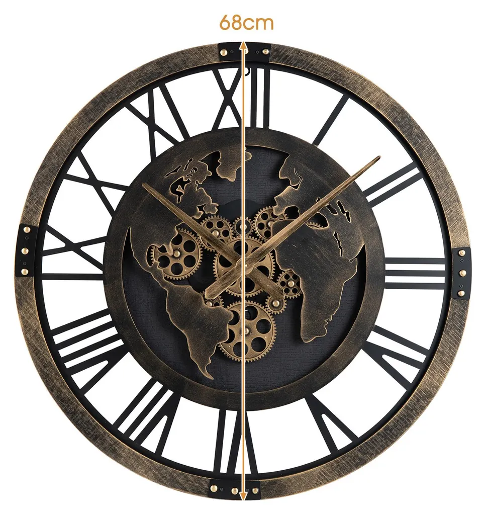 COSTWAY Grande Horloge Murale 68 cm avec Engrenages Mobiles et Carte
