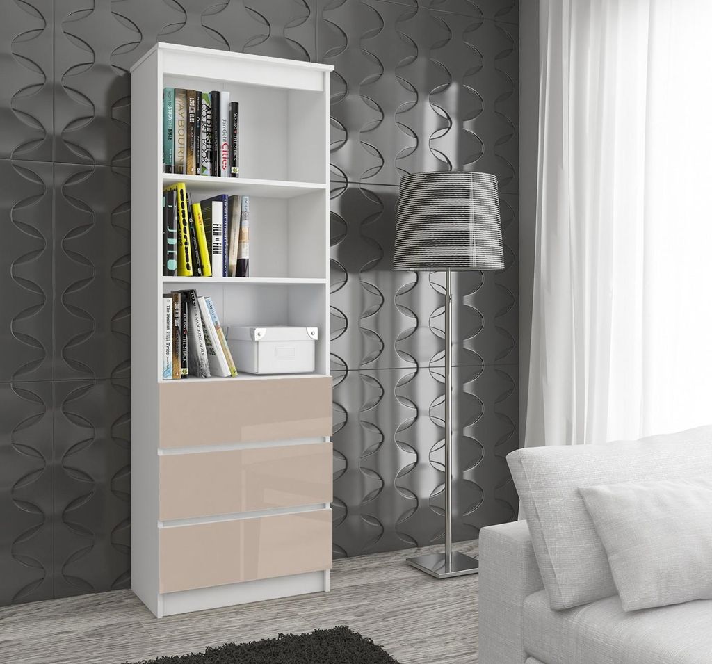 Regal mit Schubladen – Bücherregal – Standregal – CLP – 60 cm – Weiß / Beige Hochglanz – Büroregal mit Schubladen und verstellbaren ...