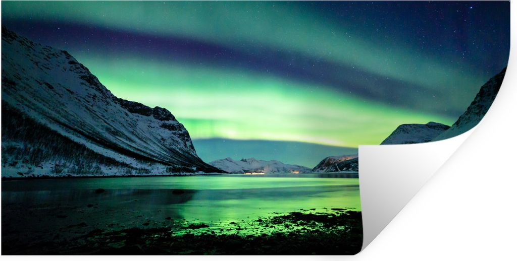 MuchoWow Wandtattoo Wandsticker Wandaufkleber Nordlicht - Norwegen - Eis - Gelb - Berg - Wasser - Schnee 40x20 cm Selbstklebend und Repositionier...