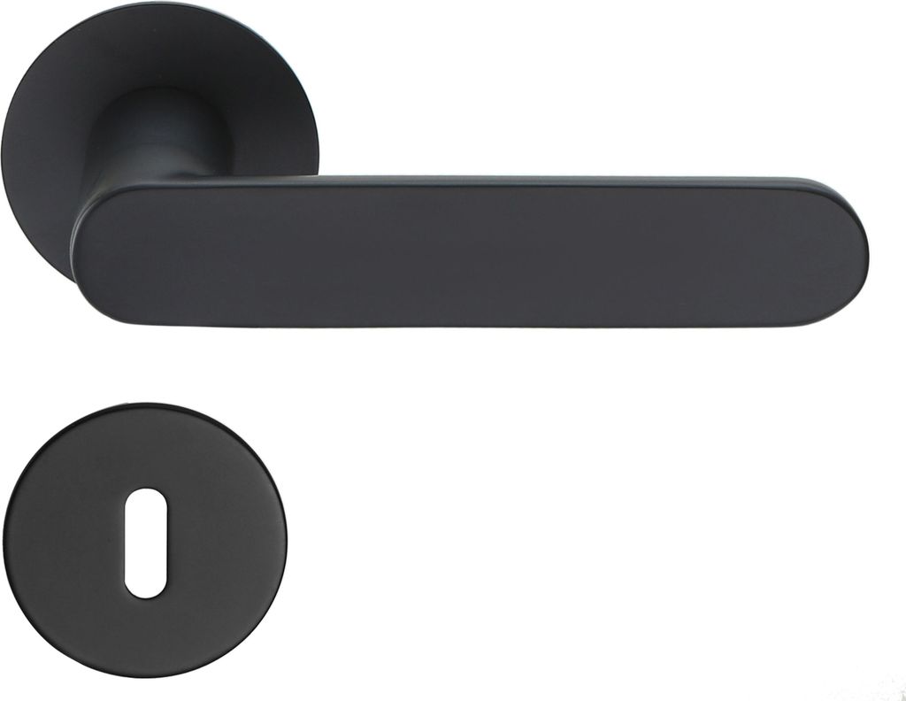 A black door handle set with a flat rosette and a keyhole escutcheon.