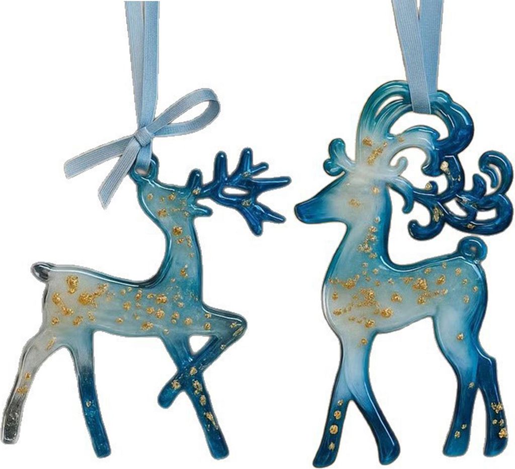 Handgefertigte Weihnachtsbaumkugeln aus Kunstharz: Blaue und goldene Rentier-Schneeflocken-Dekoration mit Aufhängebändern – ein Vintage-Weihnac...
