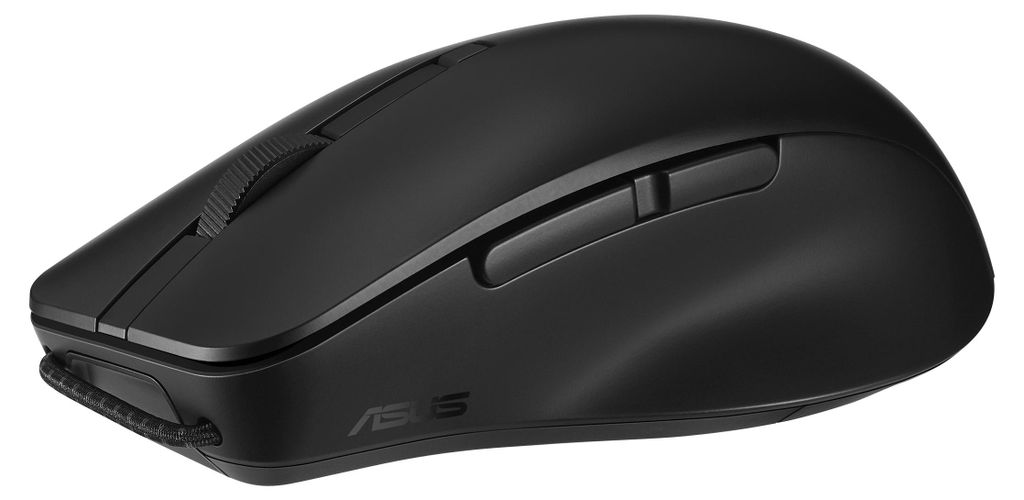 A black Asus computer mouse is shown from a side angle against a white background.