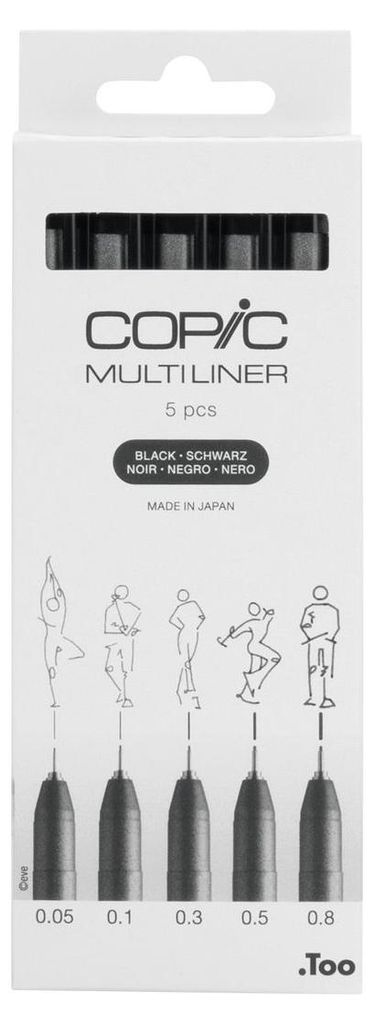 Copic Multiliner Set, 0.05 + 0.1 + 0.3 + 0.5 + 0.8 mm, 5 St., Schwarz, Multi, Rund, Tinte auf Pigmentbasis, Box, 5 Stück(e)