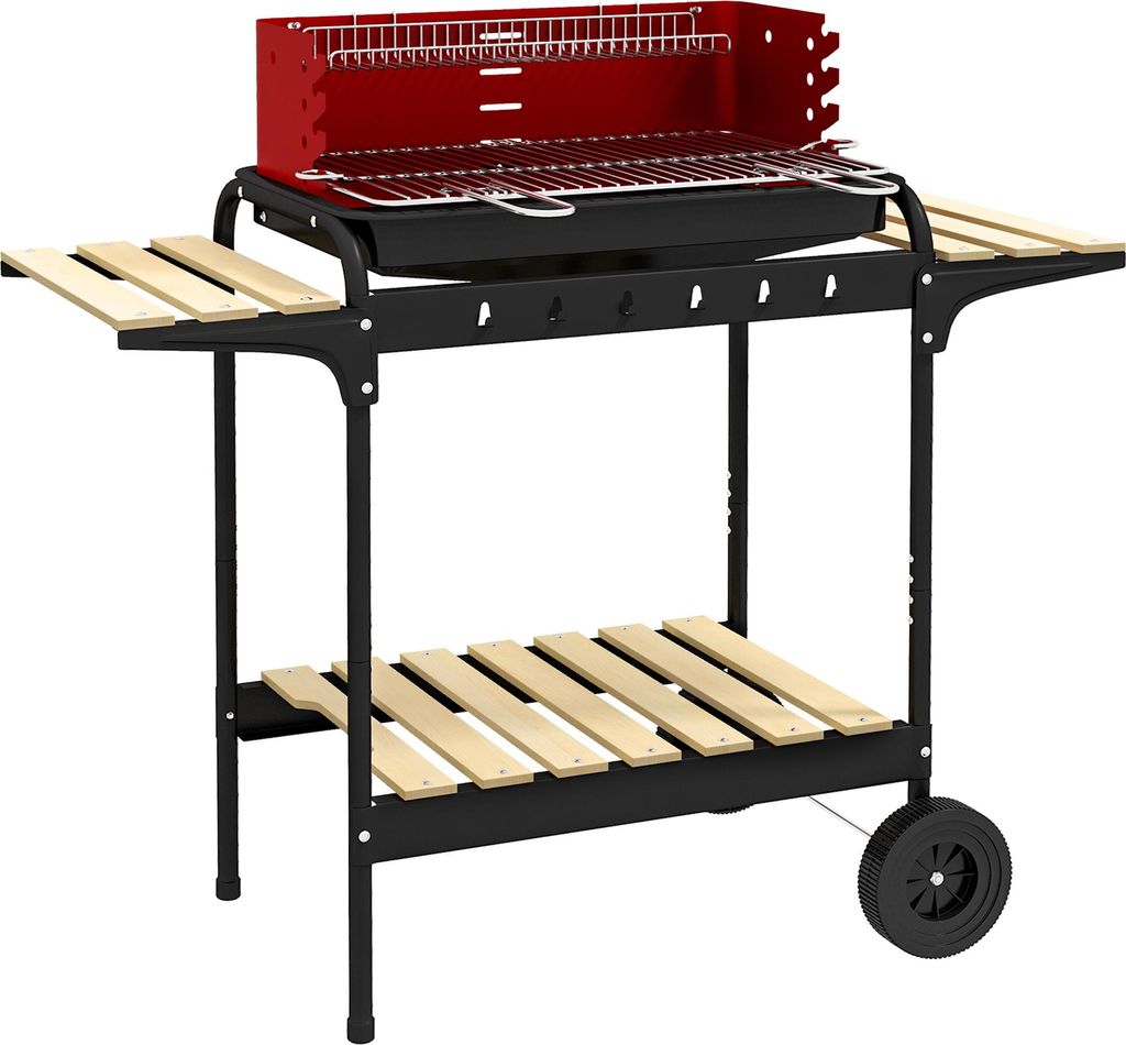 Holzkohlegrill BBQ Smoker mit R?dern šC H?henverstellbarer Grillrost, Holzablage, 103¡Á47¡Á95 cm, Rot