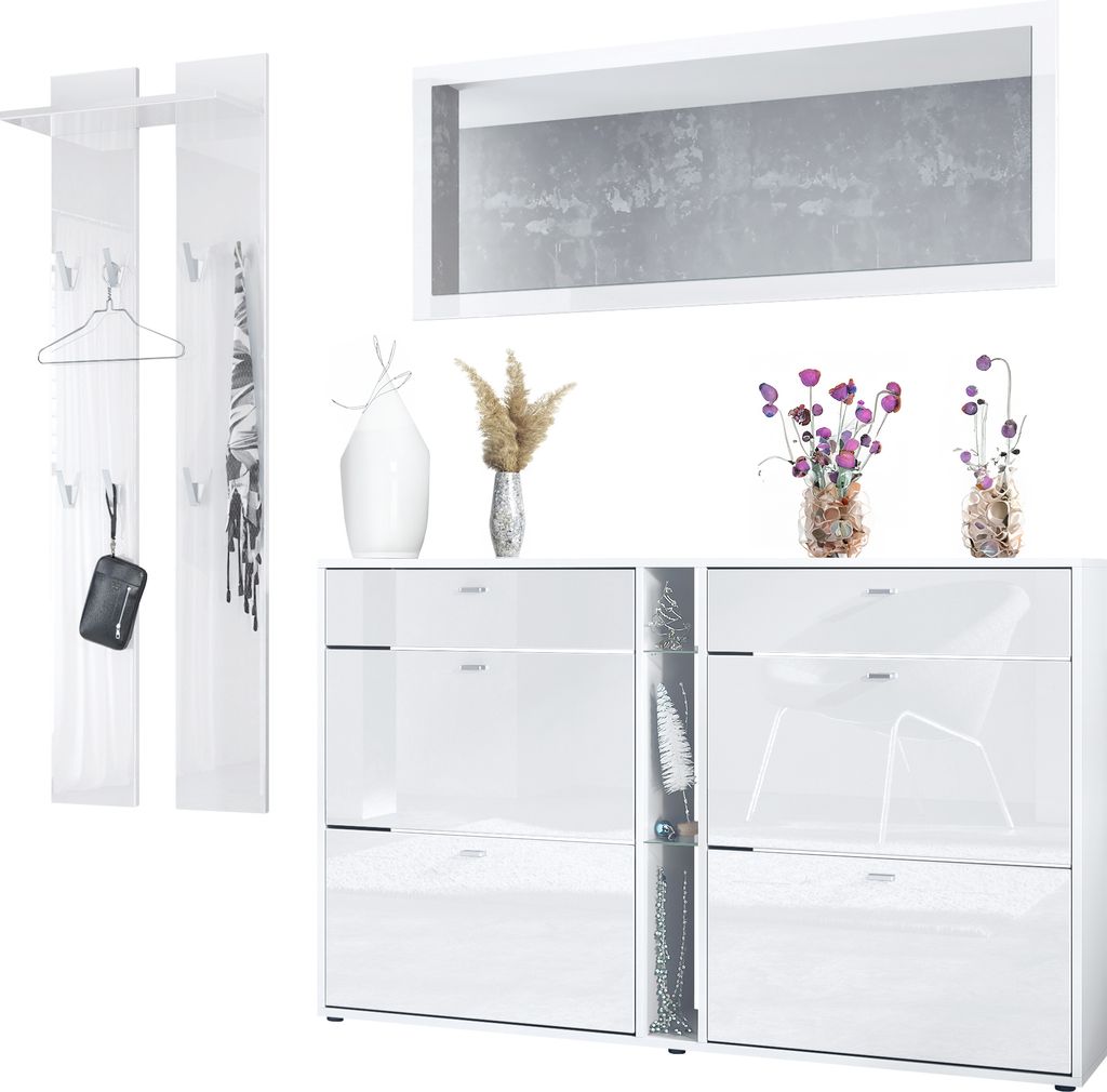 Vladon Garderoben-Set Orlando mit Schuhschrank, Germany, Wandpaneel und Wandspiegel, Weiß matt/Weiß Hochglanz