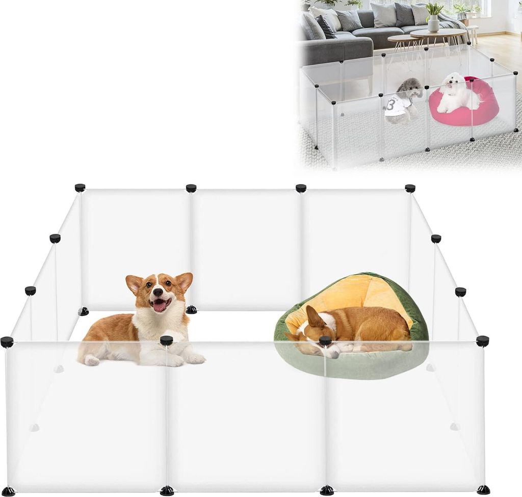 Two corgi dogs are inside a white plastic pet playpen. One dog is lying down on a pet bed, and the other is sitting up and looking at the camera.