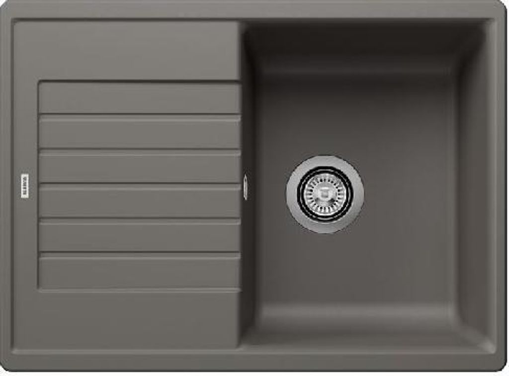 A top-down view of a gray kitchen sink with a draining board.