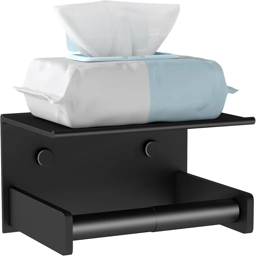 Porte-papier hygiénique noir XL en acier inox avec tablette adhésive