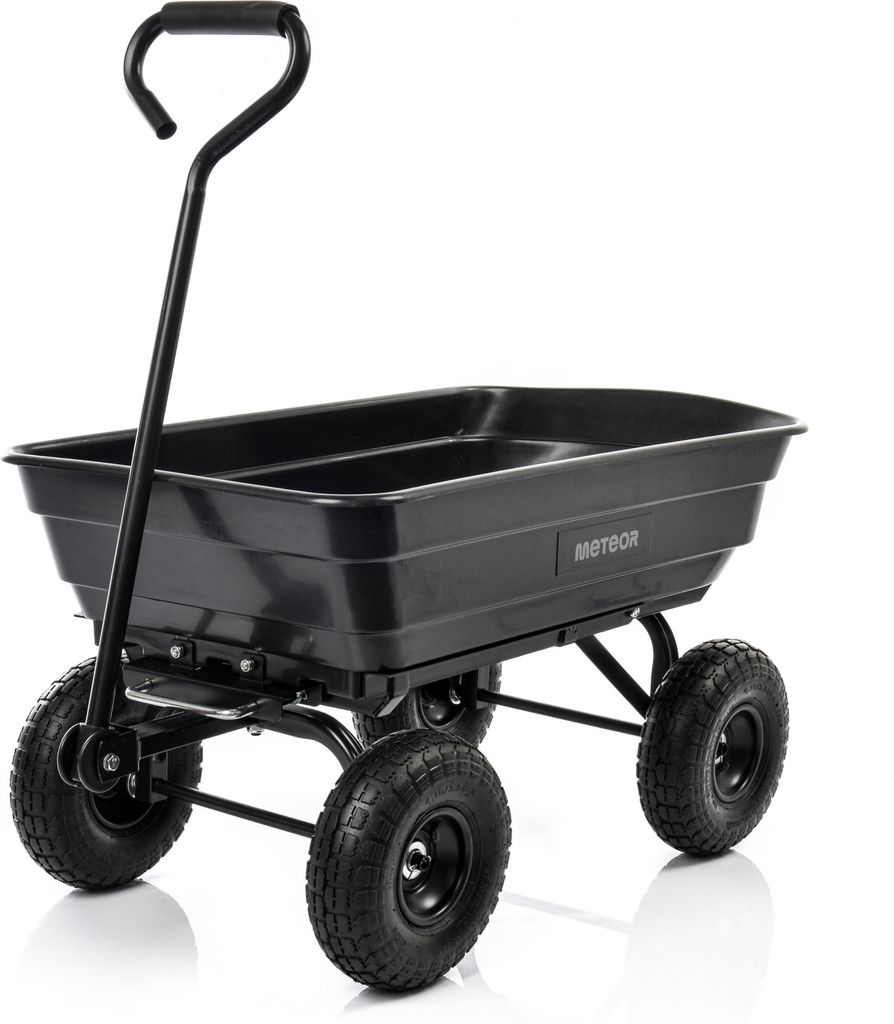 A black garden cart with four wheels and a handle, shown against a white background.