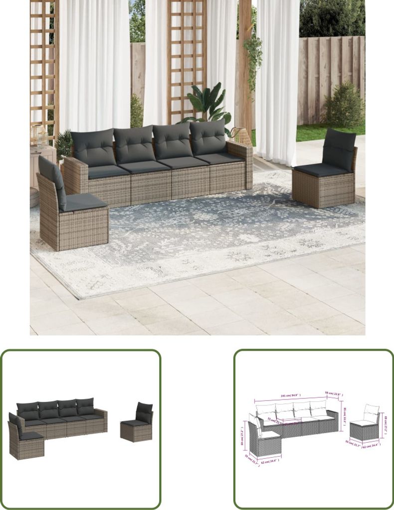 The Living Store 6-tlg. Garten-Sofagarnitur mit Kissen Grau Poly Rattan