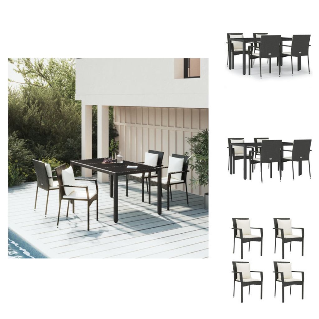vidaXL 5-tlg. Garten-Essgruppe mit Kissen Schwarz Poly Rattan - Gartenmöbel-Sets