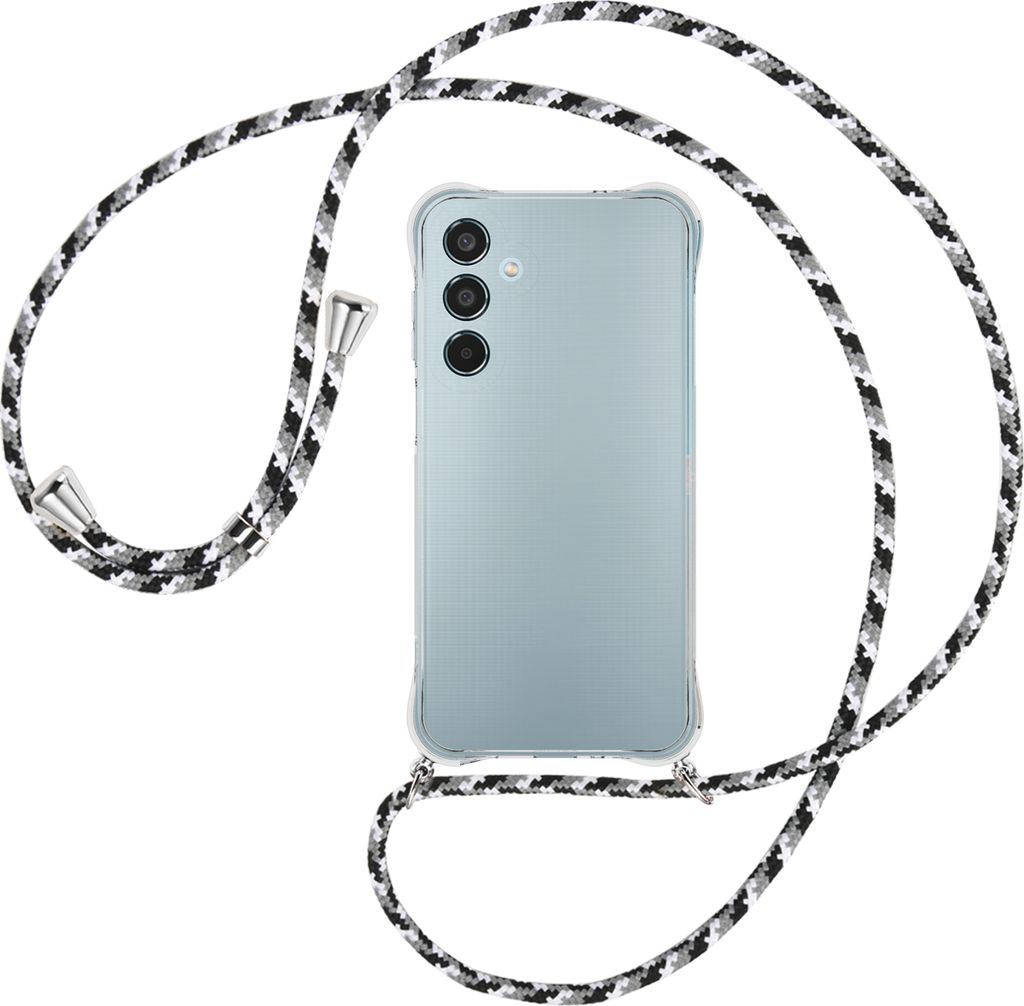 Handykette Backcover-Schutzhülle mit Band (Metall silberfarben) für Samsung Galaxy M35 5G - schwarz/grau/weiß