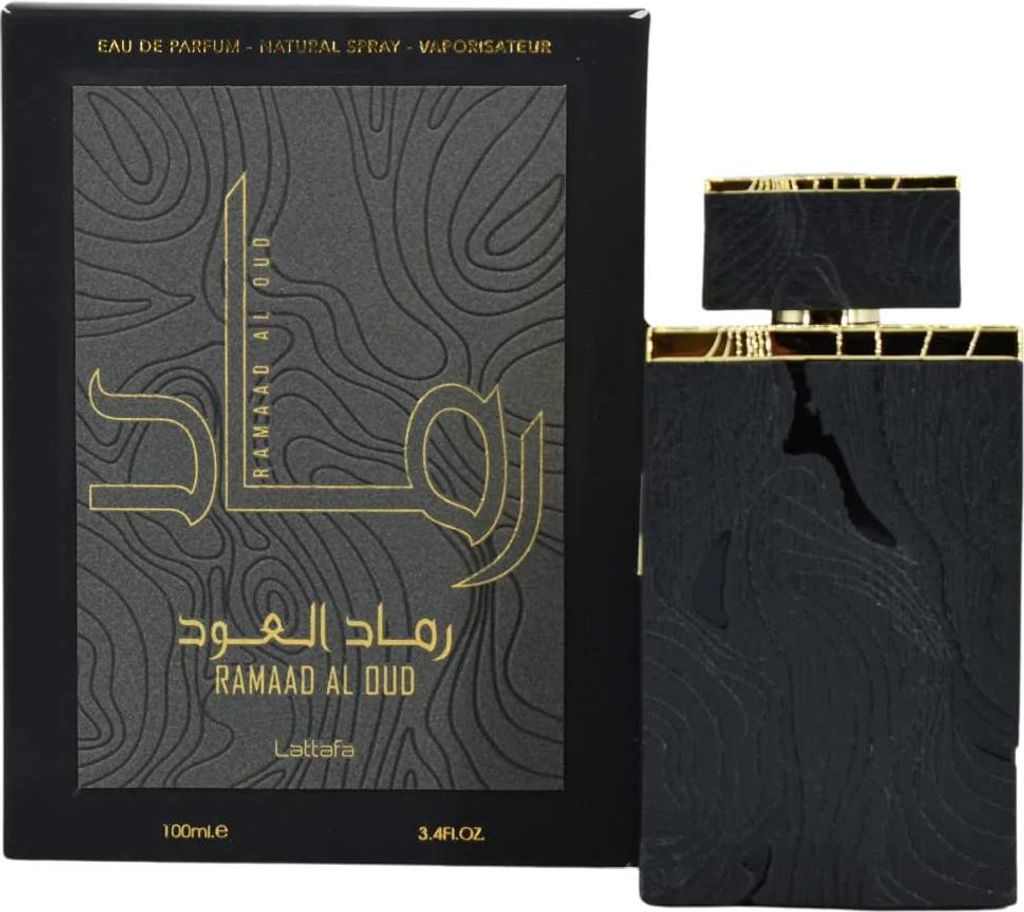 A black perfume box and bottle with gold accents, presented against a white background.