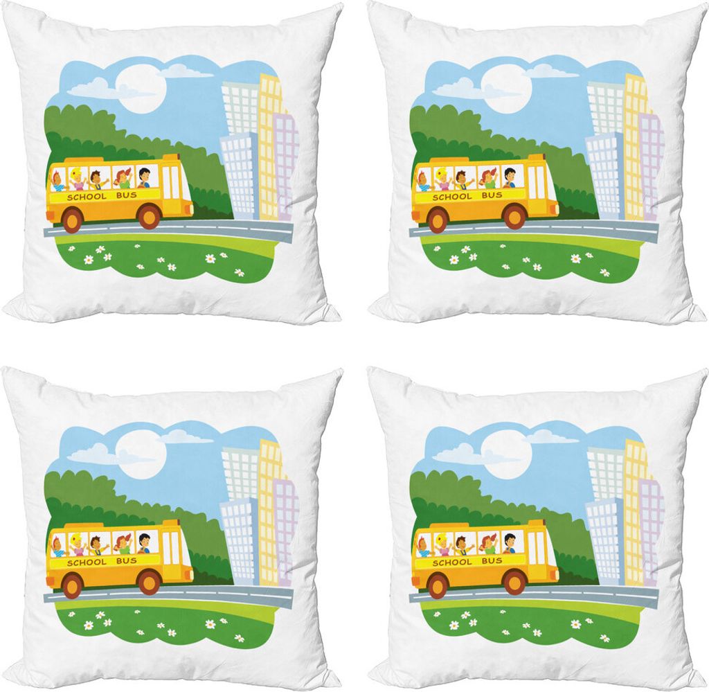 ABAKUHAUS Schulbus Kissenbezug Set (4 Stück), Kinder auf ihrem Weg, Moderner Doppelseitiger Digitaldruck, 40 cm x 40 cm, Mehrfarbig