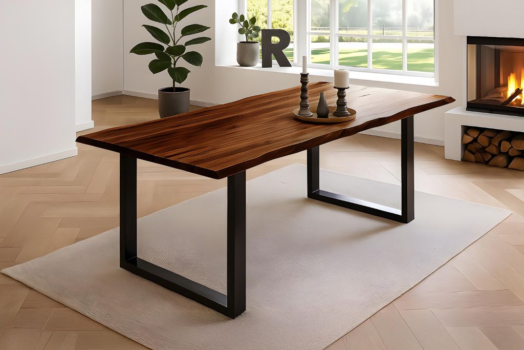 Esstisch Baumkante, 120x80 cm, NOAH, Akazie, Nussbaum, U-Gestell schwarz