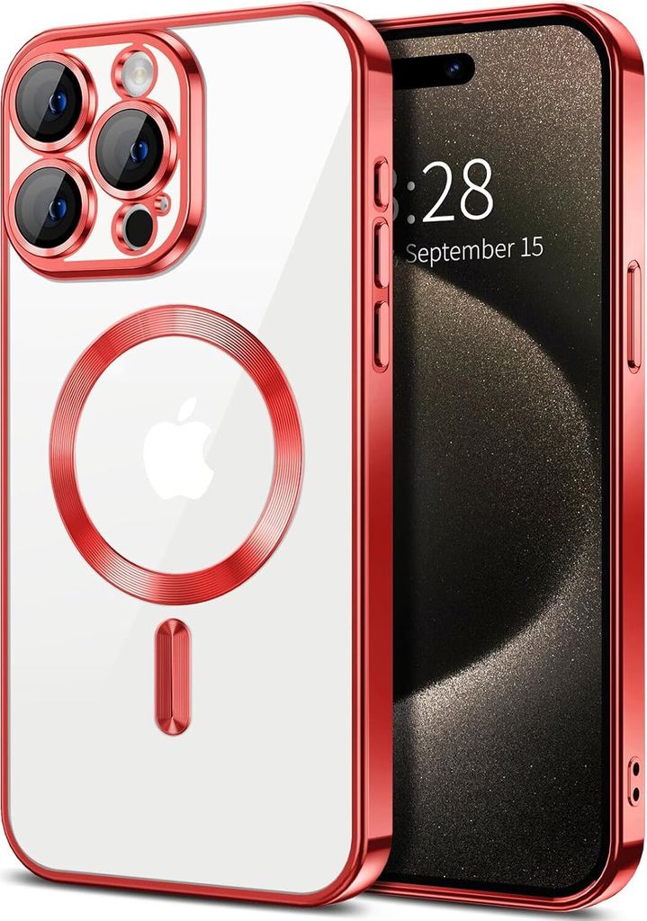 Magnetische Klar Hülle für iPhone 15 Pro, Kompatibel mit MagSafe, Elektroplattiert Handyhülle mit Kameraschutz Rot