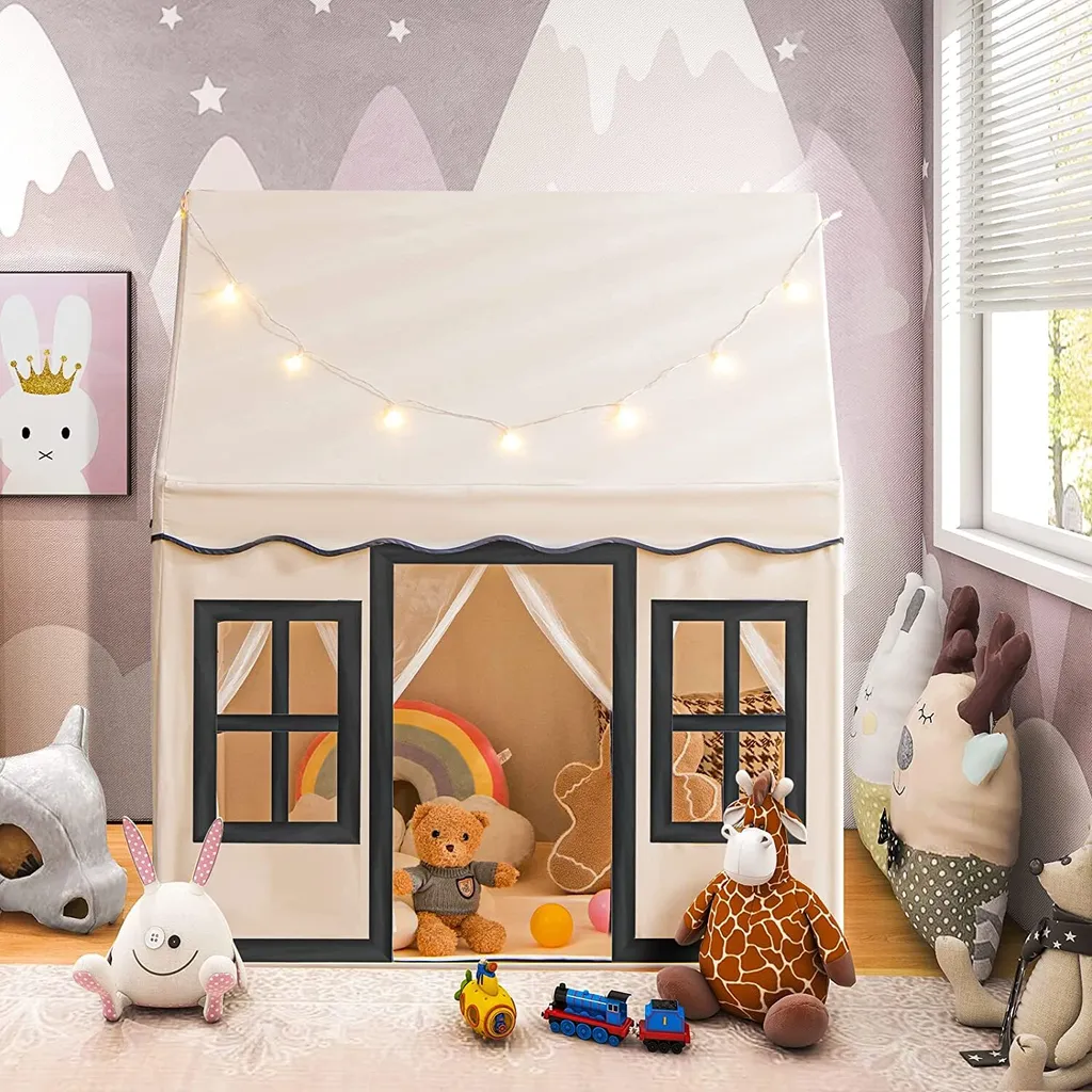 Tente de jeu princesse pour fille et garçon avec rideaux en filet beige