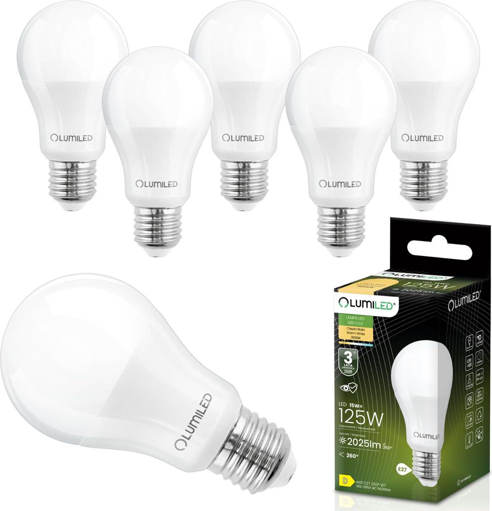 LUMILED 6 sztuk Żarówka LED E27 A65 15W zastępuje 125W Zdjęcie produktu 