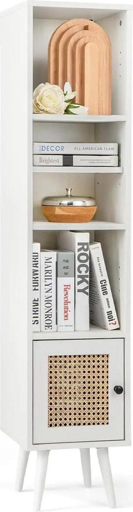 Rattan Schrank - Hoher Badezimmerschrank - Schmal - 4 Ablagen - Freistehend - Boho Holzdesign - Montage erforderlich - Weiß