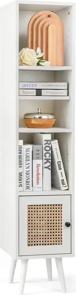 Rangement vertical pour petite salle de bain - Armoire haute bois et rotin