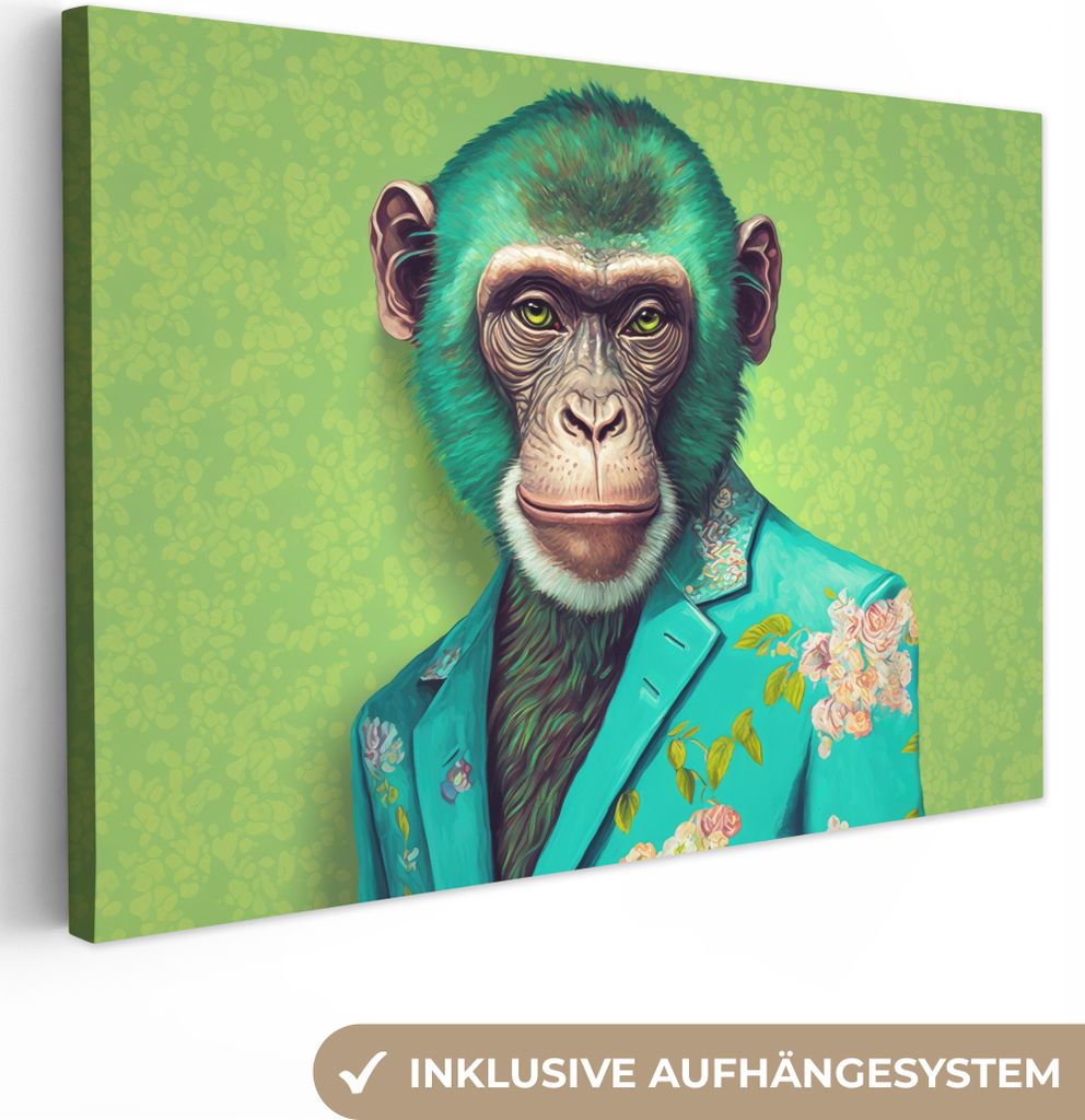 OneMillionCanvasses - Leinwandbilder - 140x90 cm, Affe - Colbert - Blumen - Neon - Porträt, Wandbilder Kunstdruck Wanddekoration - Foto auf Lein...