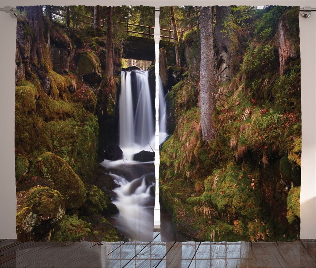 ABAKUHAUS Exotisch Rustikaler Vorhang, Hölzerne Brücke Wald, Wohnzimmer Universalband Gardinen mit Schlaufen und Haken, 280 x 245 cm, Grün Braun...