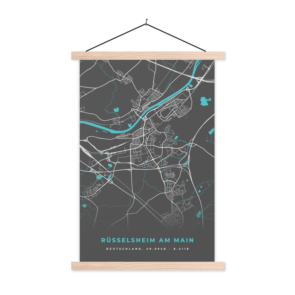 MuchoWow Textilposter Blau - Deutschland - Karte - Stadtplan - Rüsselsheim am Main 40x60 cm mit holzfarbenen Rahmen - Poster