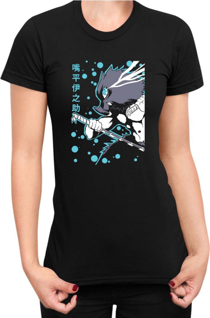 Damen T-Shirt Demon Anime Slayer Kimetsu No Yaiba Inosuke Hashibara 07, Lady S / Schwarz