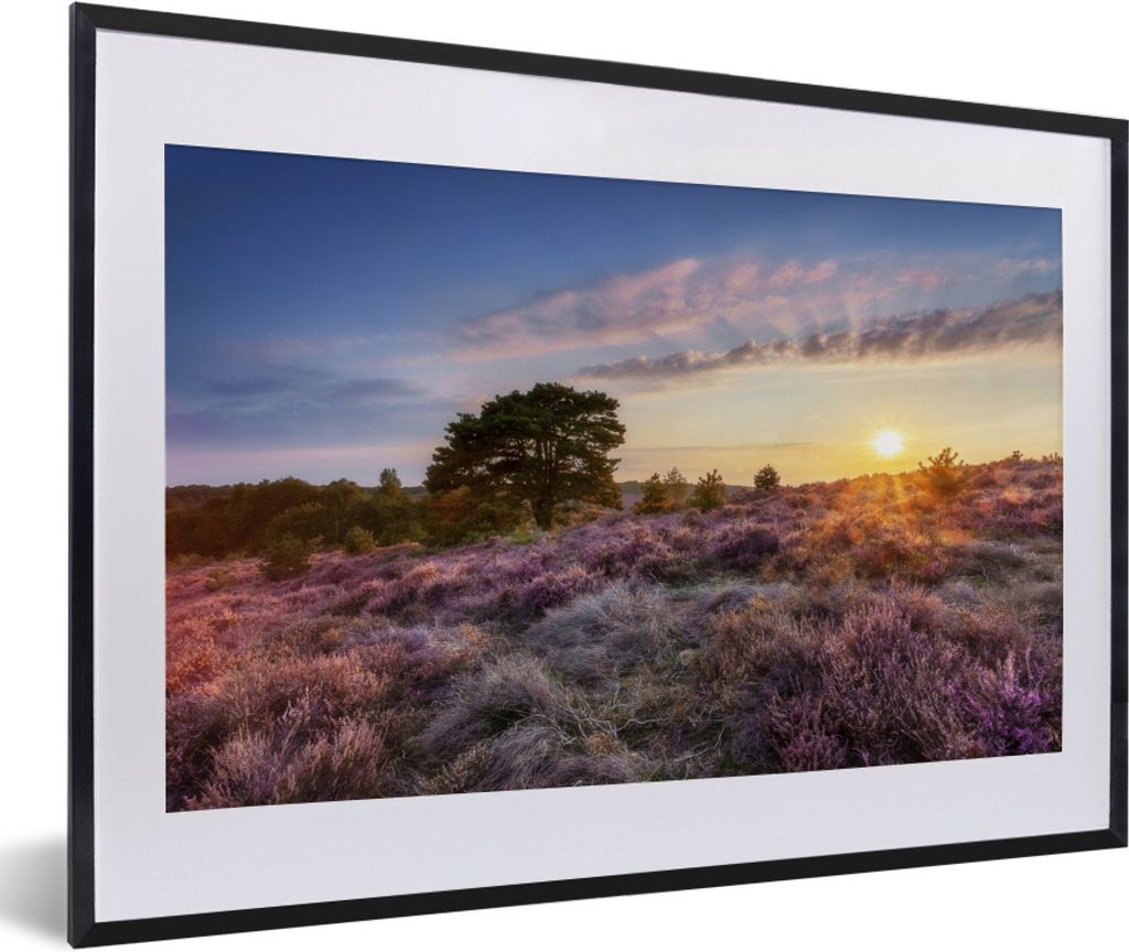 MuchoWow Gerahmtes Poster Heide bei Sonnenuntergang 60x40 cm - Poster mit Schwarzem Bilderrahmen Wandposter Rahmen Foto Bilder - Schlafzimmer - P...