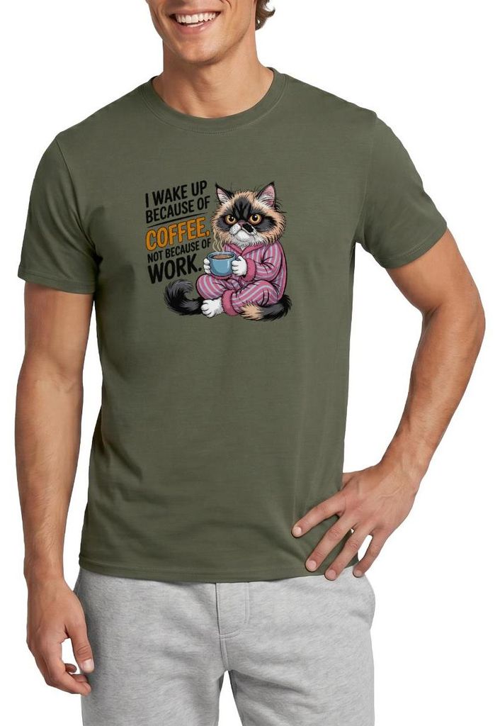 Spreadshirt Coffee Katze | Grumpy Katze Mit Tasse Männer T-Shirt, 3XL, Militärgrün