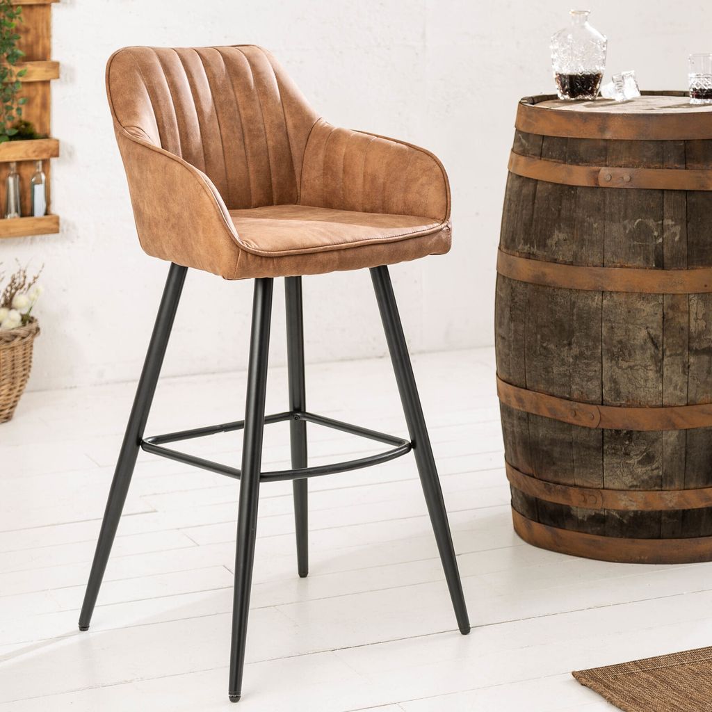 Edler Barhocker TURIN vintage braun mit Ziersteppung Barstuhl mit Armlehne Hocker Tresenstuhl