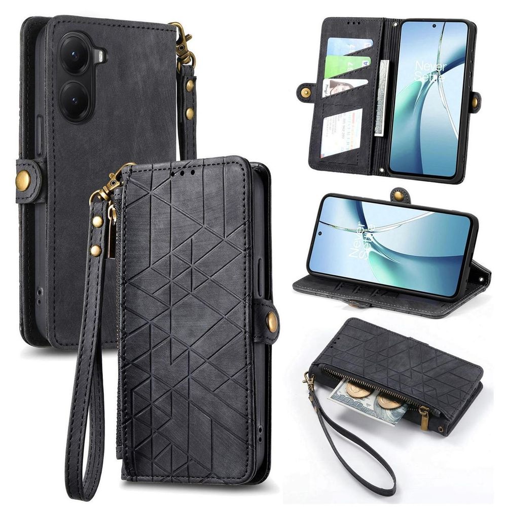 Für Xiaomi Poco X7 Pro 5G / Redmi Turbo 4 Geometric Design Kunstleder Zipper Book Wallet Tasche mit Schlaufe Schwarz