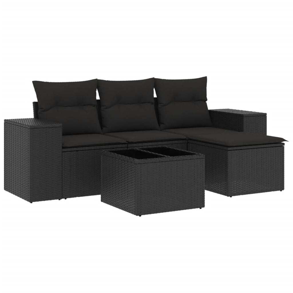 vidaXL 5-tlg. Garten-Sofagarnitur mit Kissen Schwarz Poly Rattan