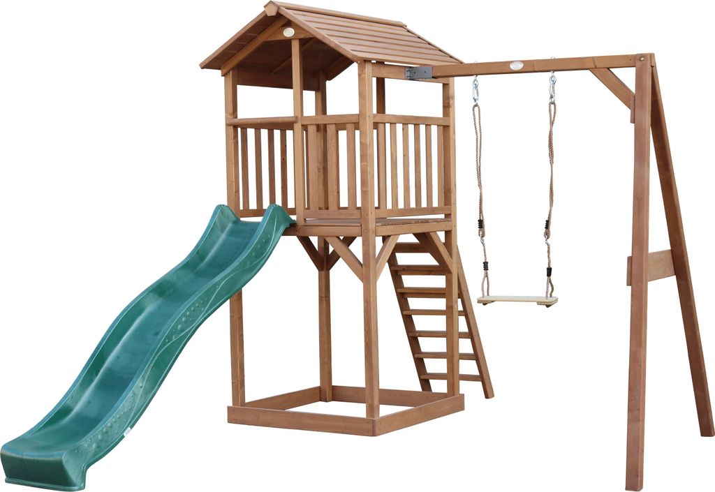 AXI Beach Tower Spielturm aus Holz in Braun | Spielhaus für Kinder mit grüner Rutsche, Schaukel und Sandkasten | Stelzenhaus für den Garten