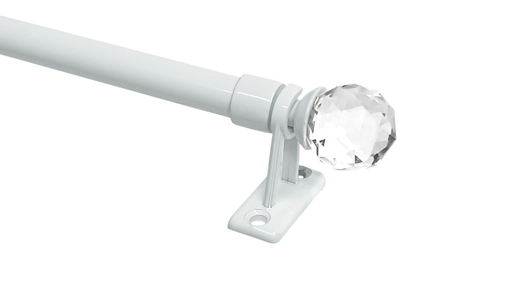 A close-up, studio shot of a white metal curtain rod with a faceted crystal finial.