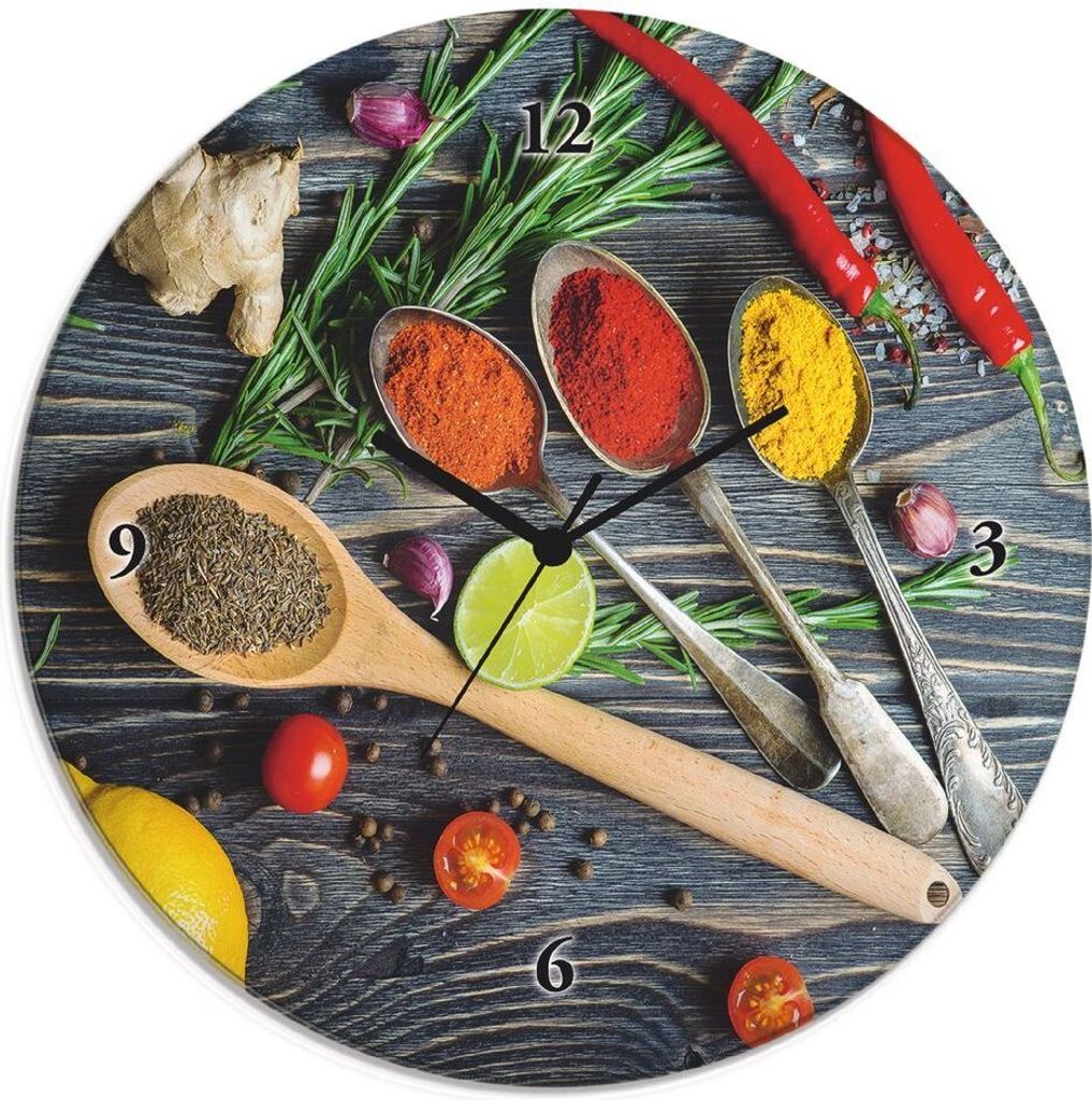 ARTland Glas Wanduhr Quarzuhr - schwarzer Zeiger Gewürze in Metalllöffeln Größe: 30x30 cm