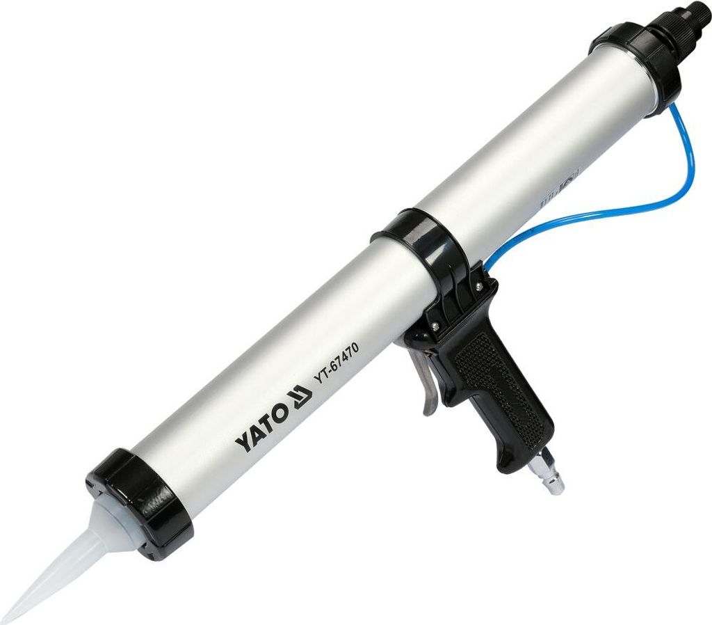 A pneumatic caulking gun is shown against a white background.