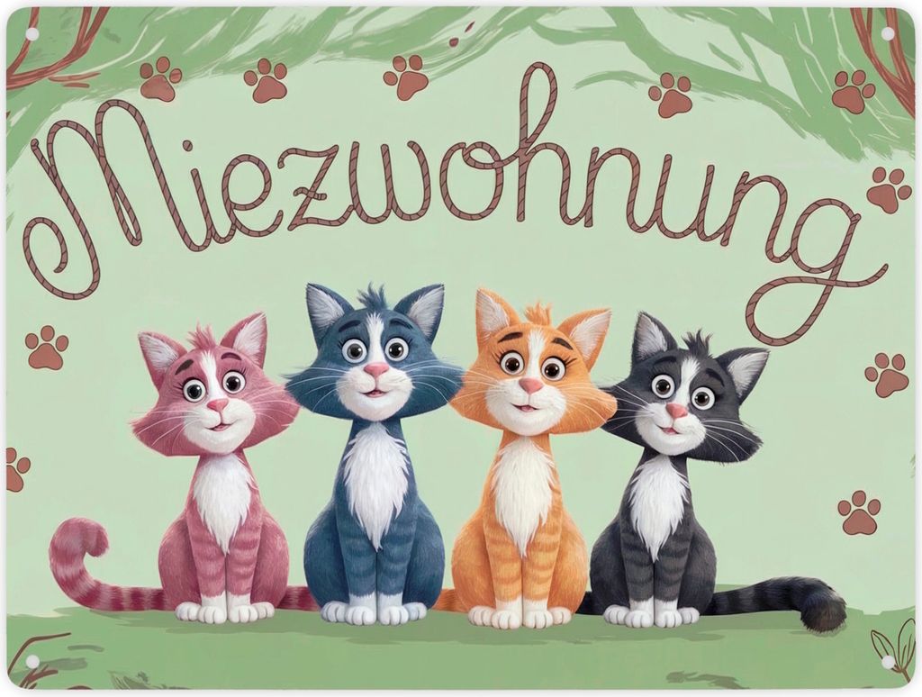 Vier farbige Katzen - Miezwohnung Metallschild XXL in 28x38 cm