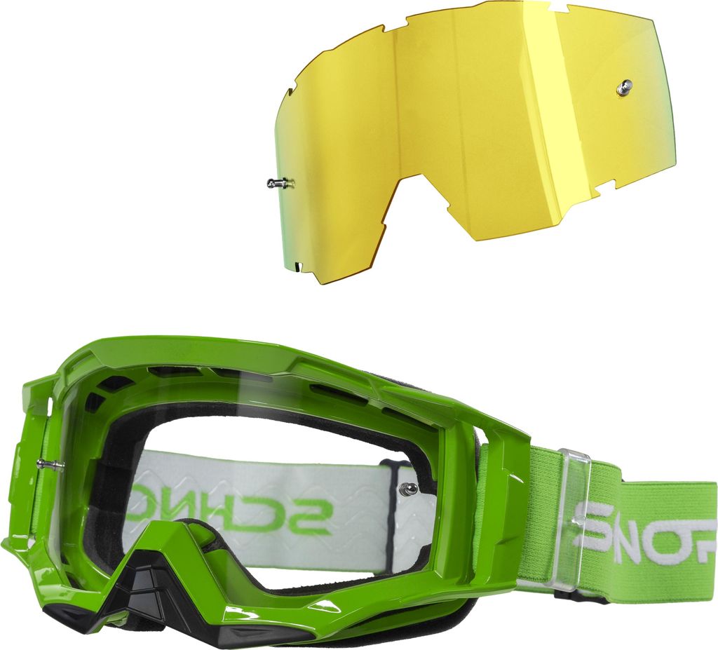 Schnorr MX Neo Grün - Motocross Brille | Transparentes Glas (S0), Anti-Fog, Tear-Off mit Wechselglas verspiegelt Gold
