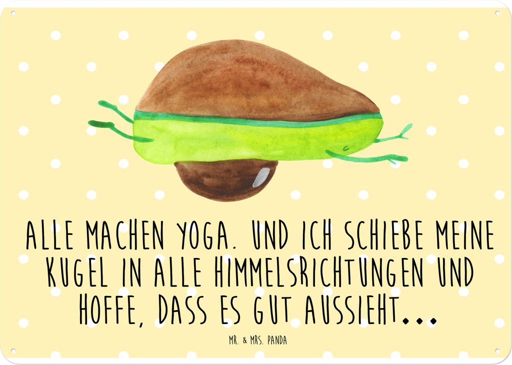 Mr. & Mrs. Panda Wandbild Avocado Yoga DIN A4 - Gelb Pastell - Geschenk, Haha, Unsportlich, Humor, Türschild, Hilfe, Bauch, Schild, tafel, Retro B...