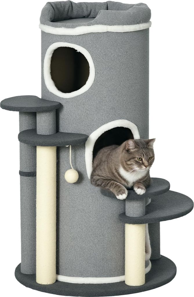 PawHut 99 cm Kratzbaum für Katzen mit Höhlen und Spielball Produktbild 