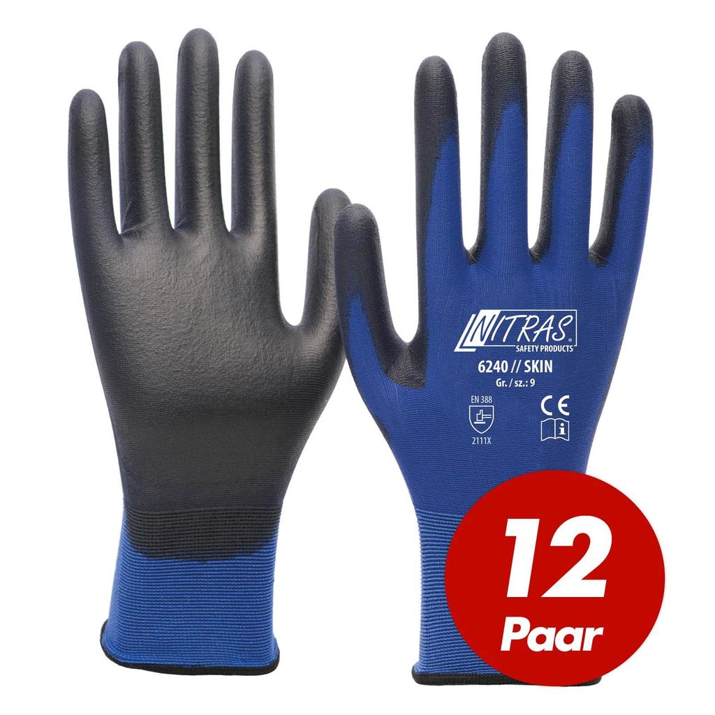 NITRAS 6240 Skin Nylon-Strickhandschuhe mit PolyurethanBeschichtung, Feinmontage, Touchscreen geeignet - 12 Paar Größe:7