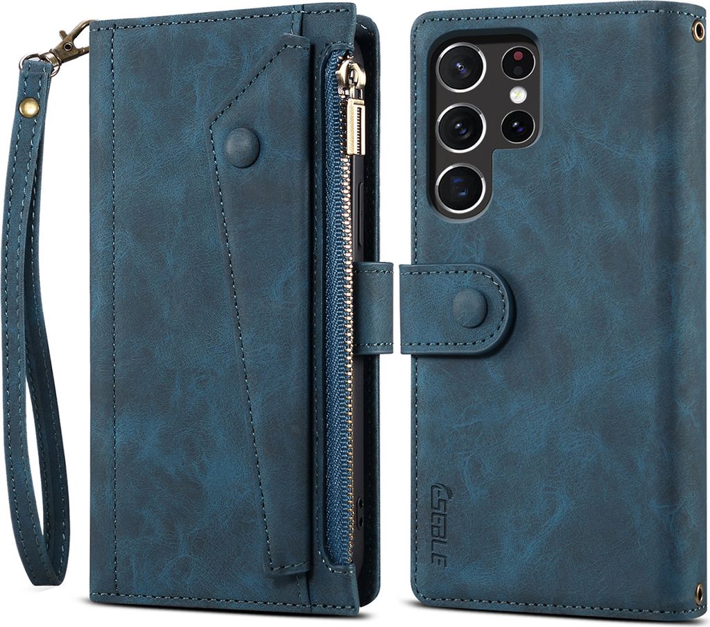 Schutzhülle für Samsung Galaxy S22 Ultra 5G Reißverschluss Hülle, Leder Klapphülle Kartenfach Standfunktion Brieftasche mit Trageband Blau