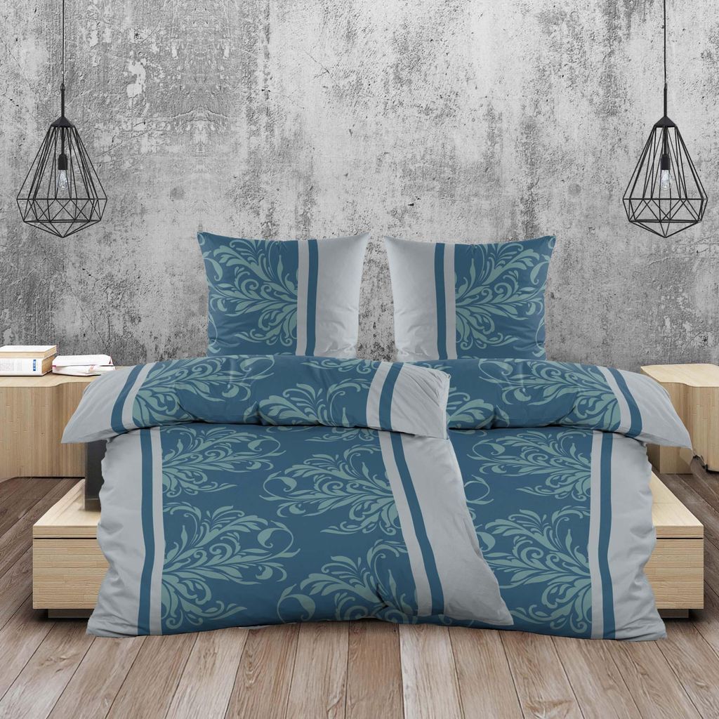 Kuschelige Biber Bettwäsche 135x200 cm 4tlg. – Baumwolle, Petrol Silber Grau, Muster